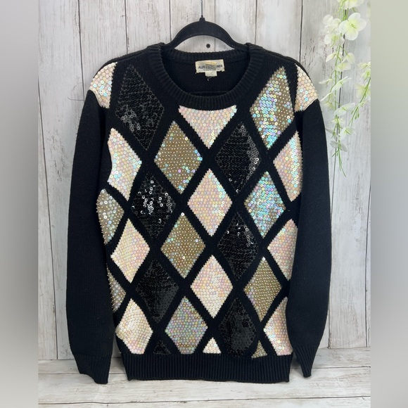 Vintage Alfred Dunner Sequin Sweater Diamond Patterns Black White Medium - Picture 1 of 11
